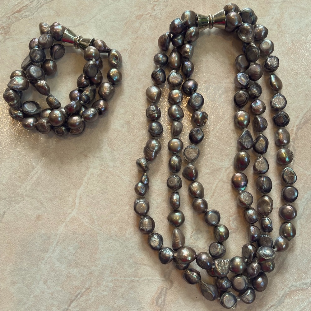 Baroque large chunky iridescent, pearl necklace and bracelet